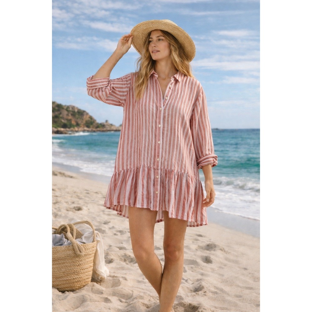 TCN Barcelona Red White Striped Linen Oversized Shirt Dress Ruffle Hem Coastal S